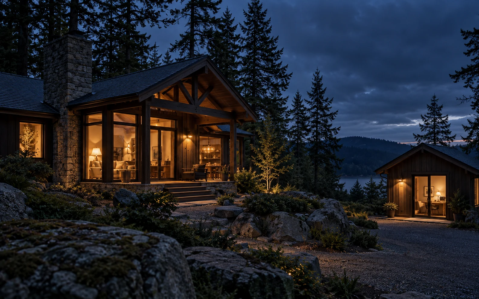 Concept of a warmly lit cabin and workspace at blue hour